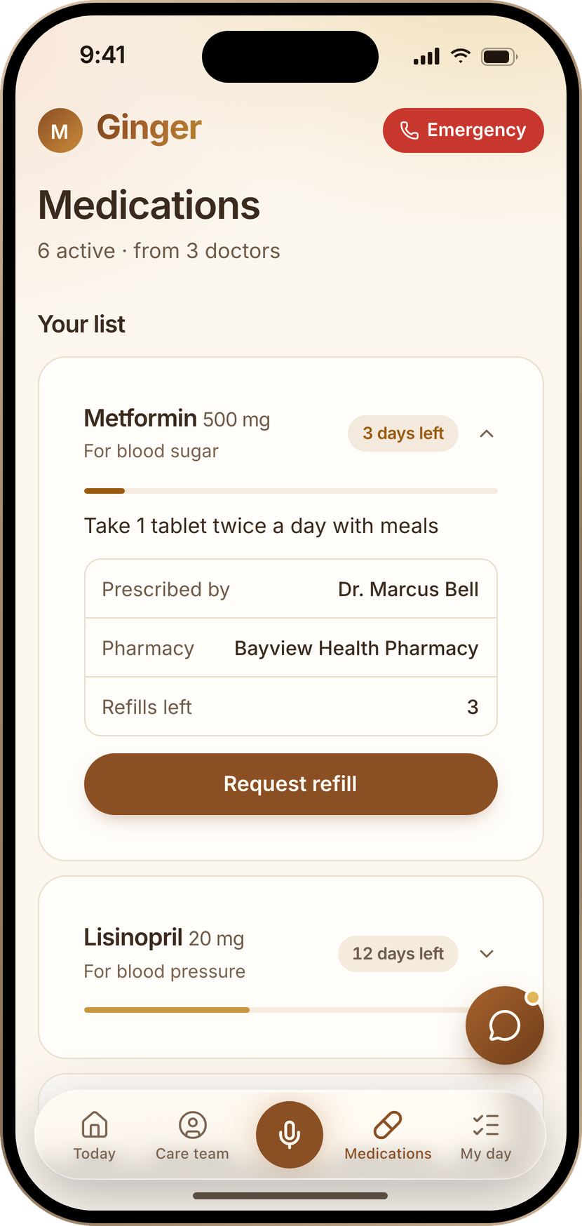 Ginger's Medications screen on an iPhone: each medication with the days left