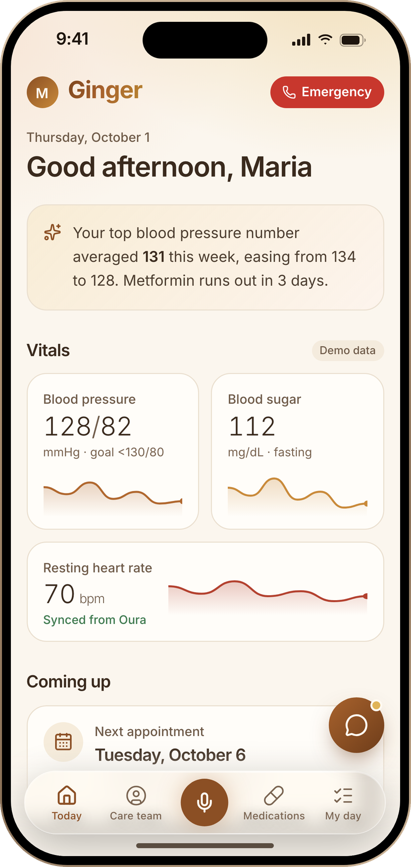 Ginger's Today screen on an iPhone: blood pressure, blood sugar, heart rate and the next appointment
